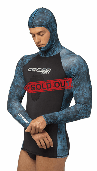 Cressi Cobia Blue Camo Hooded Rash Guard - Neoprene Padded Chest S Wetsuit / Rashguard