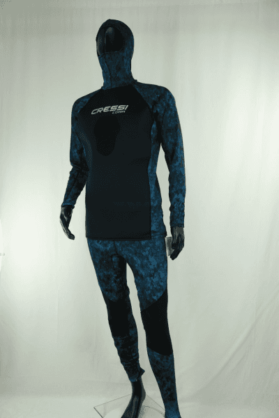 Cressi Cobia Blue Camo Hooded Rash Guard - Neoprene Padded Chest Wetsuit / Rashguard