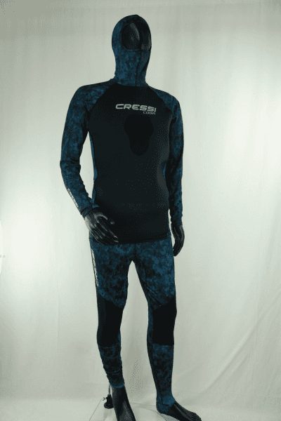 Cressi Cobia Blue Camo Hooded Rash Guard - Neoprene Padded Chest Wetsuit / Rashguard