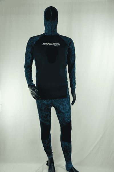 Cressi Cobia Blue Camo Hooded Rash Guard - Neoprene Padded Chest Wetsuit / Rashguard