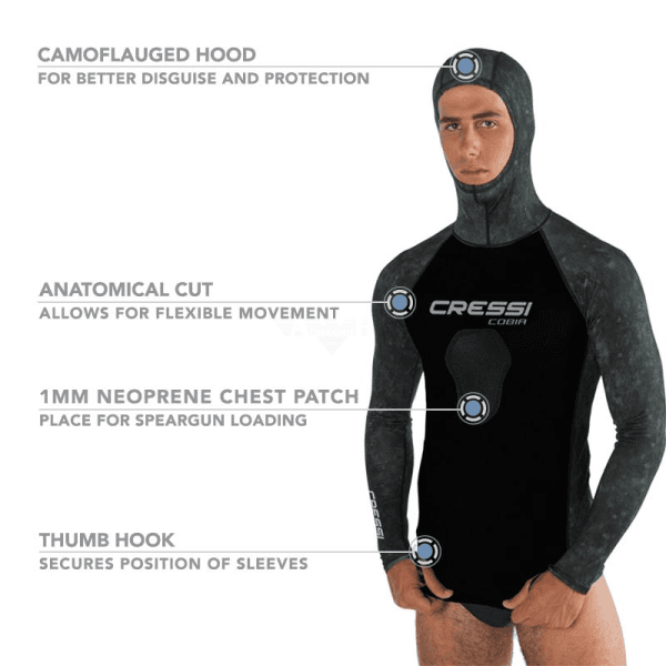 Cressi Cobia Green Camo Hooded Rash Guard - Neoprene Padded Chest Wetsuit / Rashguard