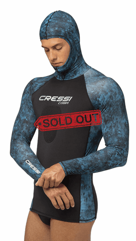 Cressi Cobia Blue Camo Hooded Rash Guard - Neoprene Padded Chest S Wetsuit / Rashguard