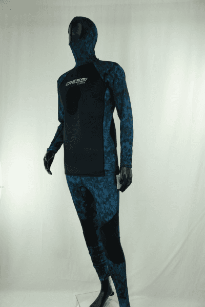 Cressi Cobia Blue Camo Hooded Rash Guard - Neoprene Padded Chest Wetsuit / Rashguard